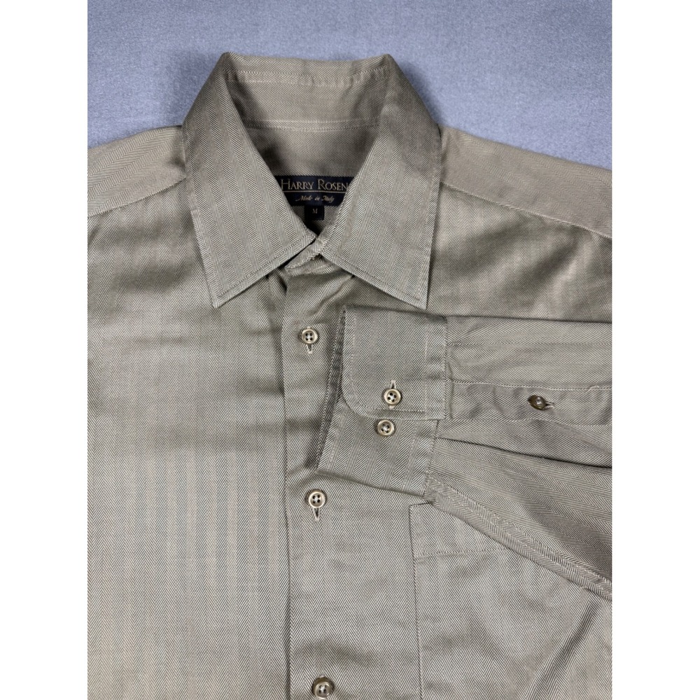 Harry Rosen Mens Dress Shirt M Taupe Olive Herringbone 100% Cotton Made in Italy